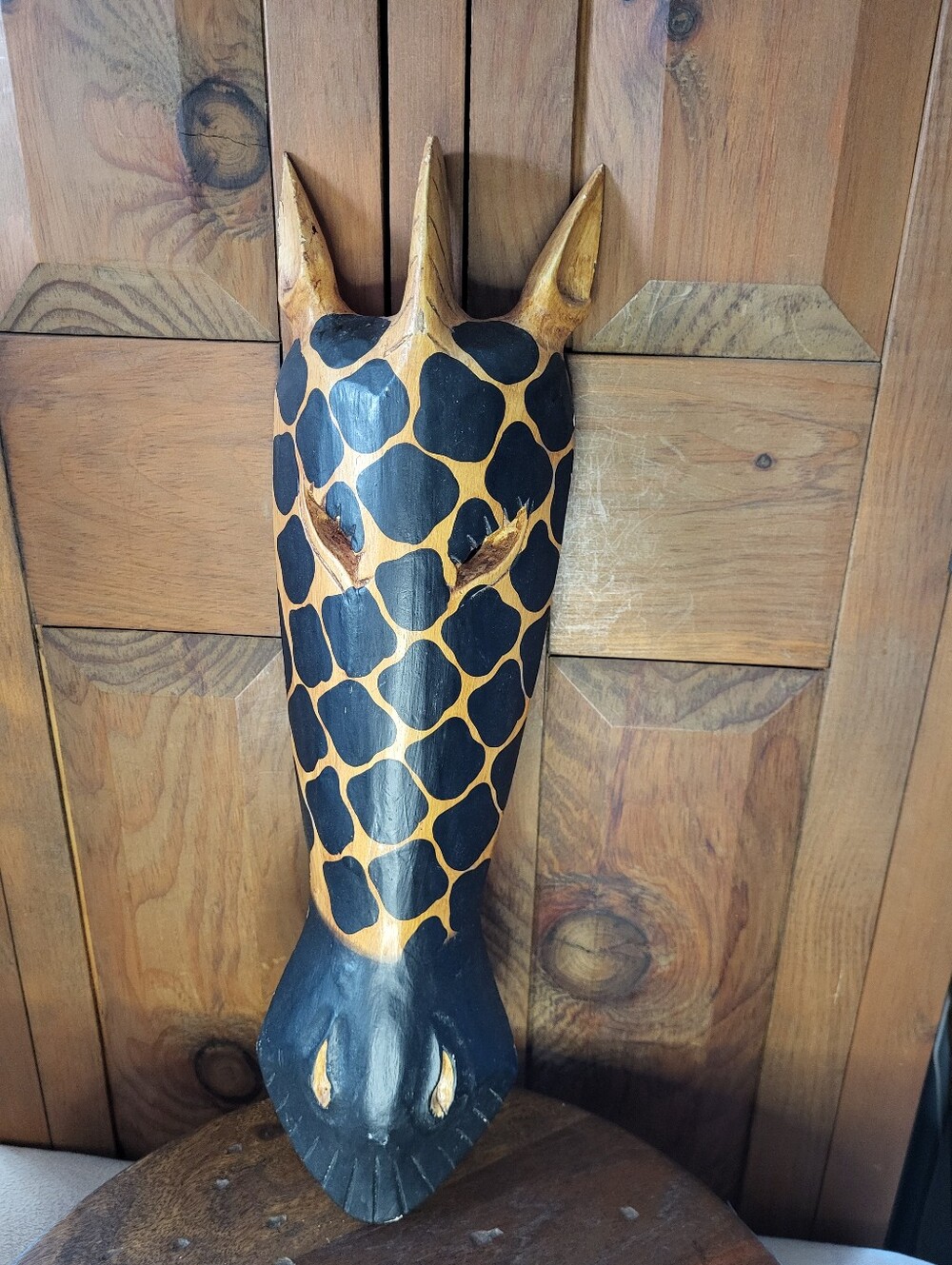 Hand-Carved Giraffe Wall Mask - Black and Natural Wood